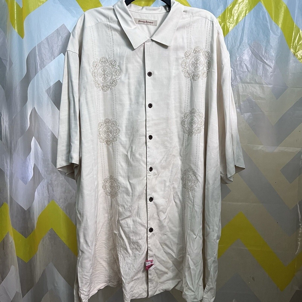 TOMMY BAHAMA SILK BUTTON CABANA SHIRT 2XT Embroidered wood buttons short sleeve